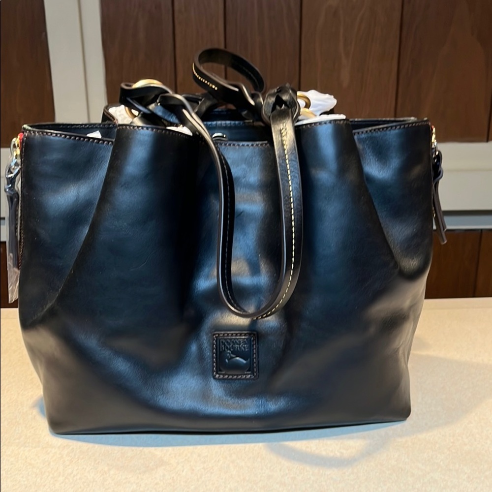 Dooney & Bourke Black Large Zip Barlow Satchel with Florentine leather.